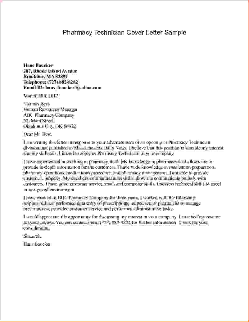 27 Pharmacy Technician Cover Letter Letterly info