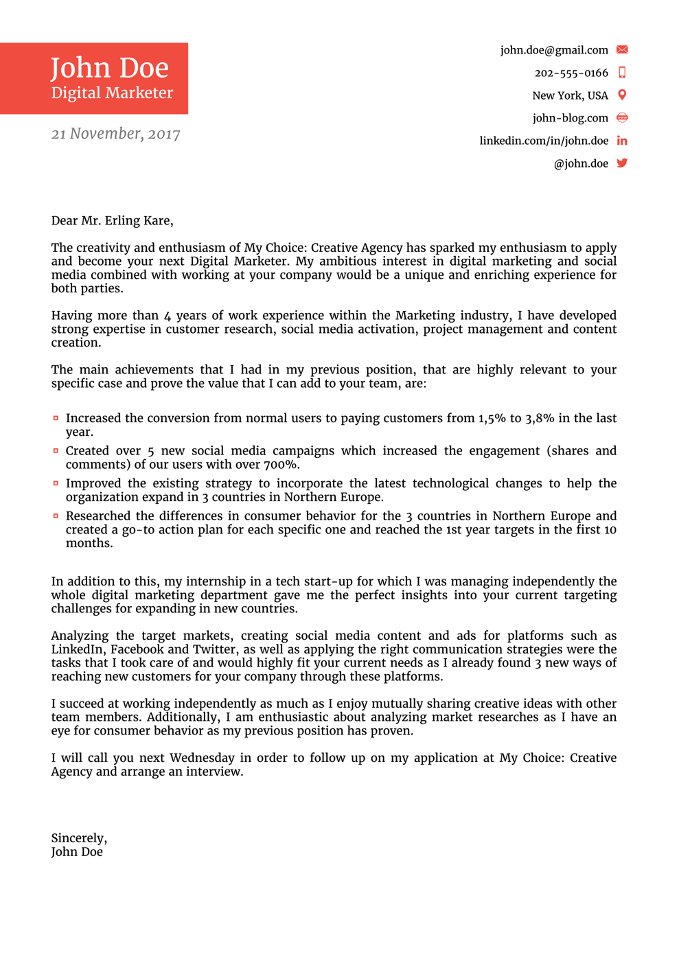 sample cover letter for a content writer