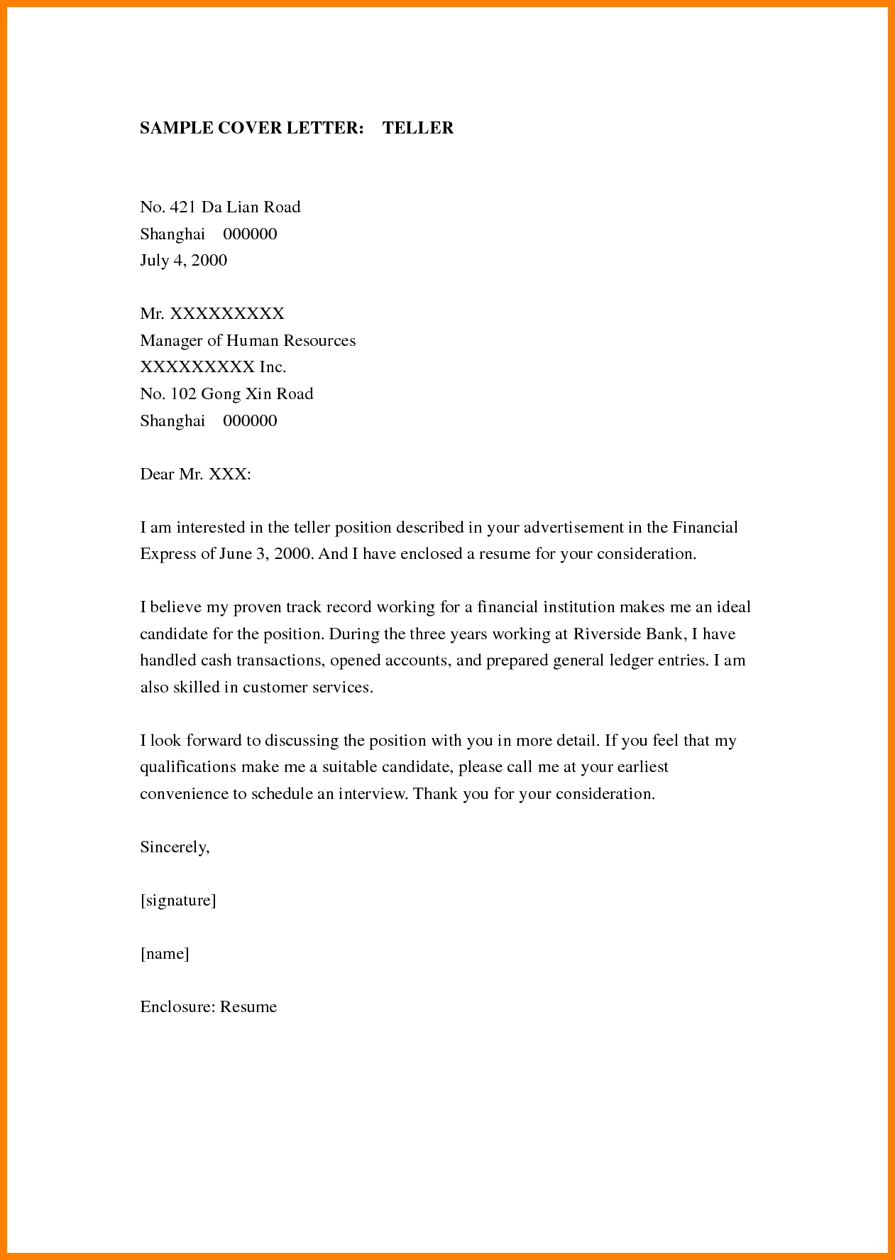 Cover Letter For Bank Teller Bank Teller Resume Cover Letter Template ...