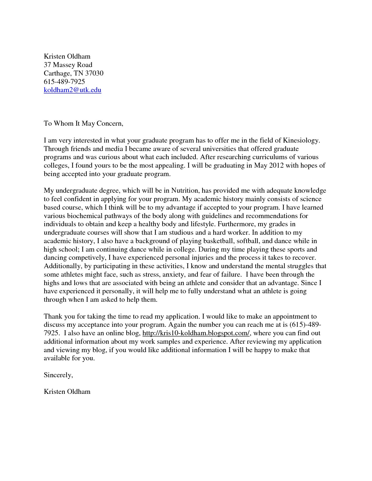 graduate school cover letter example