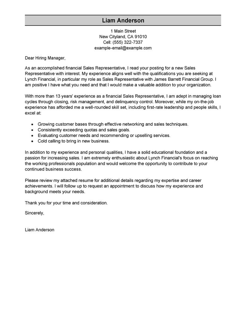 Cover Letter For Sales Leading Professional Sales Representative Cover Letter Examples 