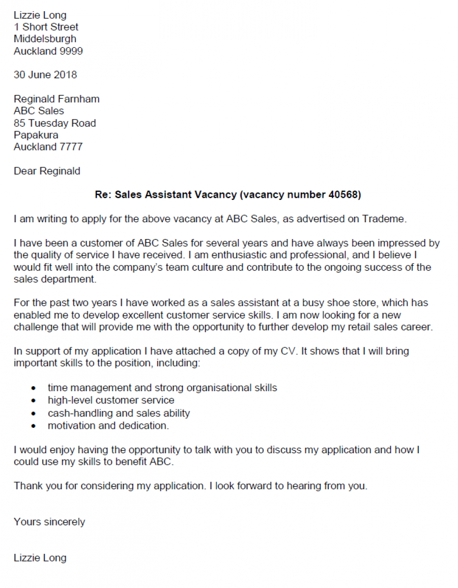 cover letter for application of job