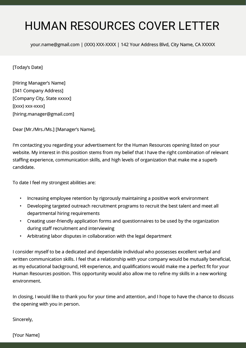 Human Resources Resume Human Resources Hr Cover Letter Example Resume