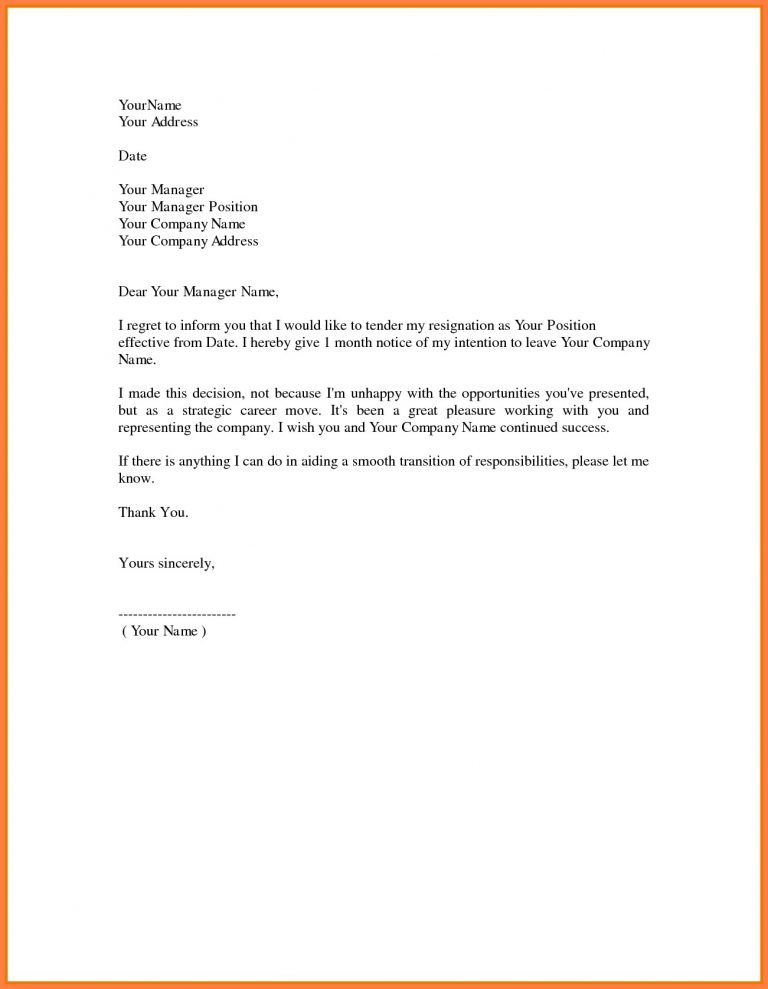 Letter Of Resignation Template Example Resign Letter One Month Notice 