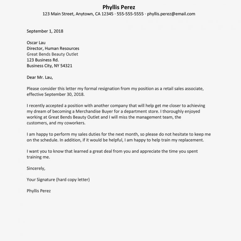 Resignation Letter Template Retail Job Resignation Letter Sample ...