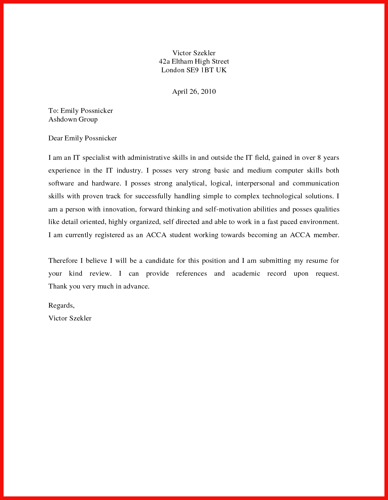 Simple Cover Letter Example Basic Cover Letter Sample Apa Example